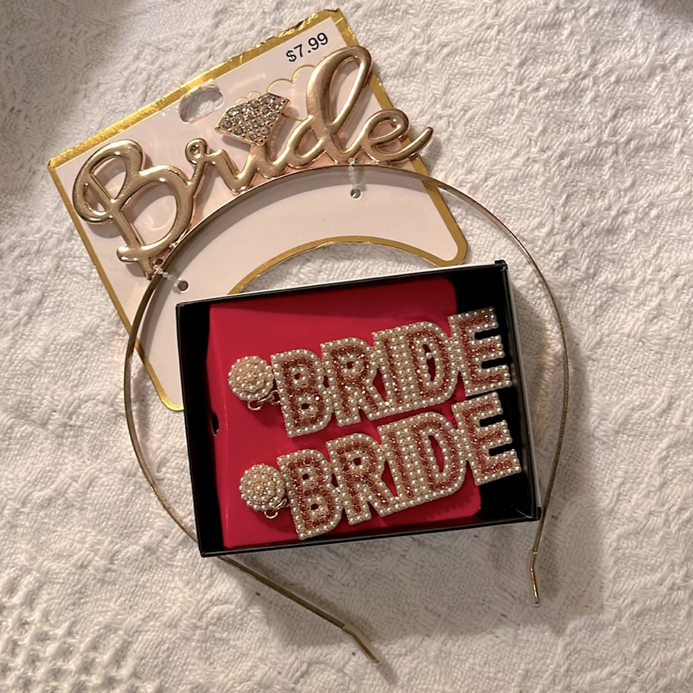 NWT 2-PC set of bride bling: gold rhinestone headband & dangling BRIDE earrings